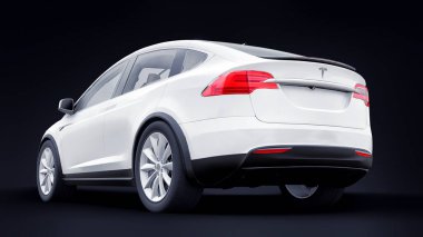 Tula, Rusya. 6 Ocak 2022: Tesla Model X tam boyutlu şehir cipi. Araba siyah arka planda izole edilmiş. 3d oluşturma.