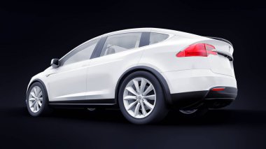 Tula, Rusya. 6 Ocak 2022: Tesla Model X tam boyutlu şehir cipi. Araba siyah arka planda izole edilmiş. 3d oluşturma.