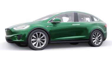 Tula, Rusya. 6 Ocak 2022: Tesla Model X tam boyutlu şehir cipi. Araba beyaz arka planda izole edilmiş. 3d oluşturma