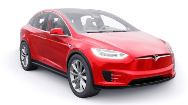Tula, Rusya. 6 Ocak 2022: Tesla Model X tam boyutlu şehir cipi. Kırmızı araba beyaz arka planda izole edilmiş. 3d oluşturma.