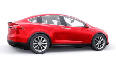 Tula, Rusya. 6 Ocak 2022: Tesla Model X tam boyutlu şehir cipi. Kırmızı araba beyaz arka planda izole edilmiş. 3d oluşturma.