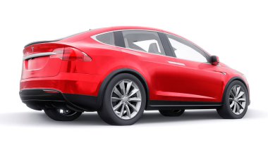 Tula, Rusya. 6 Ocak 2022: Tesla Model X tam boyutlu şehir cipi. Kırmızı araba beyaz arka planda izole edilmiş. 3d oluşturma.
