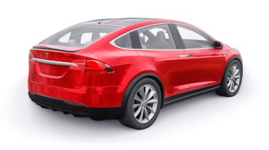 Tula, Rusya. 6 Ocak 2022: Tesla Model X tam boyutlu şehir cipi. Kırmızı araba beyaz arka planda izole edilmiş. 3d oluşturma.
