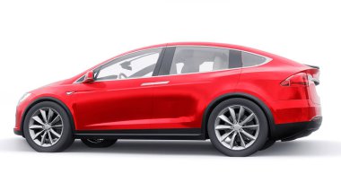 Tula, Rusya. 6 Ocak 2022: Tesla Model X tam boyutlu şehir cipi. Kırmızı araba beyaz arka planda izole edilmiş. 3d oluşturma.
