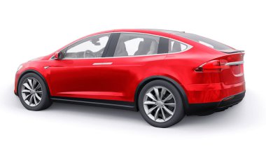 Tula, Rusya. 6 Ocak 2022: Tesla Model X tam boyutlu şehir cipi. Kırmızı araba beyaz arka planda izole edilmiş. 3d oluşturma.