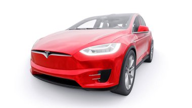 Tula, Rusya. 6 Ocak 2022: Tesla Model X tam boyutlu şehir cipi. Kırmızı araba beyaz arka planda izole edilmiş. 3d oluşturma.