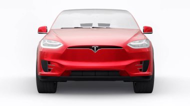 Tula, Rusya. 6 Ocak 2022: Tesla Model X tam boyutlu şehir cipi. Kırmızı araba beyaz arka planda izole edilmiş. 3d oluşturma.