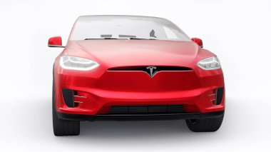 Tula, Rusya. 6 Ocak 2022: Tesla Model X tam boyutlu şehir cipi. Kırmızı araba beyaz arka planda izole edilmiş. 3d oluşturma.