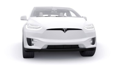 Tula, Rusya. 6 Ocak 2022: Tesla Model X tam boyutlu şehir cipi. Araba beyaz arka planda izole edilmiş. 3d oluşturma