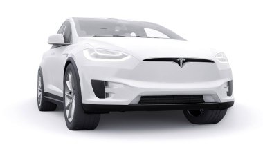 Tula, Rusya. 6 Ocak 2022: Tesla Model X tam boyutlu şehir cipi. Araba beyaz arka planda izole edilmiş. 3d oluşturma