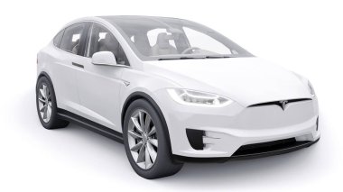 Tula, Rusya. 6 Ocak 2022: Tesla Model X tam boyutlu şehir cipi. Araba beyaz arka planda izole edilmiş. 3d oluşturma