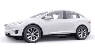 Tula, Rusya. 6 Ocak 2022: Tesla Model X tam boyutlu şehir cipi. Araba beyaz arka planda izole edilmiş. 3d oluşturma