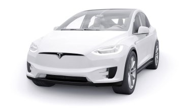 Tula, Rusya. 6 Ocak 2022: Tesla Model X tam boyutlu şehir cipi. Araba beyaz arka planda izole edilmiş. 3d oluşturma