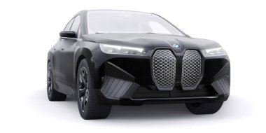 Tula, Rusya. 21 Ocak 2022: BMW iX 2022 Siyah lüks SUV elektrikli araba beyaz arka planda izole edildi. 3d illüstrasyon