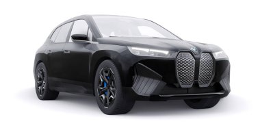 Tula, Rusya. 21 Ocak 2022: BMW iX 2022 Siyah lüks SUV elektrikli araba beyaz arka planda izole edildi. 3d illüstrasyon