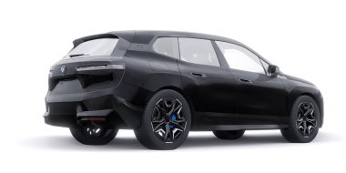 Tula, Rusya. 21 Ocak 2022: BMW iX 2022 Siyah lüks SUV elektrikli araba beyaz arka planda izole edildi. 3d illüstrasyon