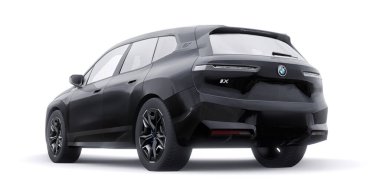 Tula, Rusya. 21 Ocak 2022: BMW iX 2022 Siyah lüks SUV elektrikli araba beyaz arka planda izole edildi. 3d illüstrasyon