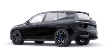 Tula, Rusya. 21 Ocak 2022: BMW iX 2022 Siyah lüks SUV elektrikli araba beyaz arka planda izole edildi. 3d illüstrasyon