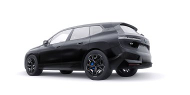 Tula, Rusya. 21 Ocak 2022: BMW iX 2022 Siyah lüks SUV elektrikli araba beyaz arka planda izole edildi. 3d illüstrasyon