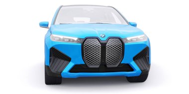 Tula, Rusya. 21 Ocak 2022: BMW iX 2022 Mavi lüks SUV elektrikli araba beyaz arka planda izole edildi. 3d illüstrasyon