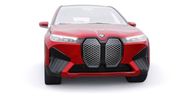 Tula, Rusya. 21 Ocak 2022: BMW iX 2022 Kırmızı lüks SUV elektrikli araba beyaz arka planda izole edildi. 3d illüstrasyon