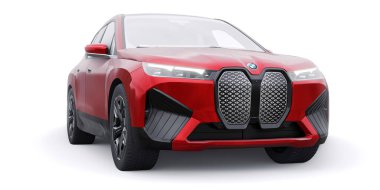 Tula, Rusya. 21 Ocak 2022: BMW iX 2022 Kırmızı lüks SUV elektrikli araba beyaz arka planda izole edildi. 3d illüstrasyon