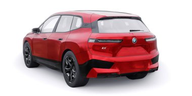 Tula, Rusya. 21 Ocak 2022: BMW iX 2022 Kırmızı lüks SUV elektrikli araba beyaz arka planda izole edildi. 3d illüstrasyon