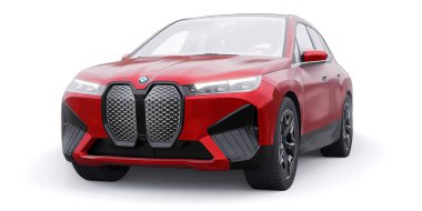 Tula, Rusya. 21 Ocak 2022: BMW iX 2022 Kırmızı lüks SUV elektrikli araba beyaz arka planda izole edildi. 3d illüstrasyon