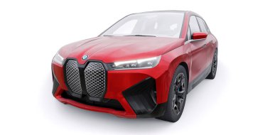 Tula, Rusya. 21 Ocak 2022: BMW iX 2022 Kırmızı lüks SUV elektrikli araba beyaz arka planda izole edildi. 3d illüstrasyon