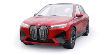 Tula, Rusya. 21 Ocak 2022: BMW iX 2022 Kırmızı lüks SUV elektrikli araba beyaz arka planda izole edildi. 3d illüstrasyon