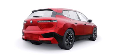 Tula, Rusya. 21 Ocak 2022: BMW iX 2022 Kırmızı lüks SUV elektrikli araba beyaz arka planda izole edildi. 3d illüstrasyon