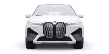 Tula, Rusya. 21 Ocak 2022: BMW iX 2022 Beyaz lüks spor SUV elektrikli araba beyaz arka planda izole edildi. 3d illüstrasyon