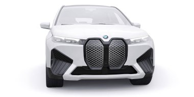 Tula, Rusya. 21 Ocak 2022: BMW iX 2022 Beyaz lüks spor SUV elektrikli araba beyaz arka planda izole edildi. 3d illüstrasyon