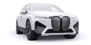 Tula, Rusya. 21 Ocak 2022: BMW iX 2022 Beyaz lüks spor SUV elektrikli araba beyaz arka planda izole edildi. 3d illüstrasyon