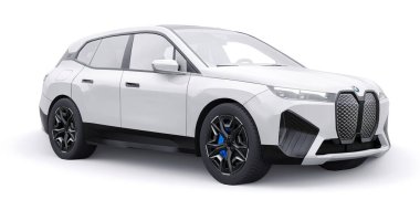 Tula, Rusya. 21 Ocak 2022: BMW iX 2022 Beyaz lüks spor SUV elektrikli araba beyaz arka planda izole edildi. 3d illüstrasyon