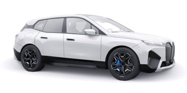 Tula, Rusya. 21 Ocak 2022: BMW iX 2022 Beyaz lüks spor SUV elektrikli araba beyaz arka planda izole edildi. 3d illüstrasyon