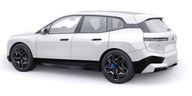 Tula, Rusya. 21 Ocak 2022: BMW iX 2022 Beyaz lüks spor SUV elektrikli araba beyaz arka planda izole edildi. 3d illüstrasyon