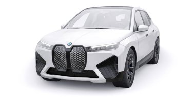 Tula, Rusya. 21 Ocak 2022: BMW iX 2022 Beyaz lüks spor SUV elektrikli araba beyaz arka planda izole edildi. 3d illüstrasyon