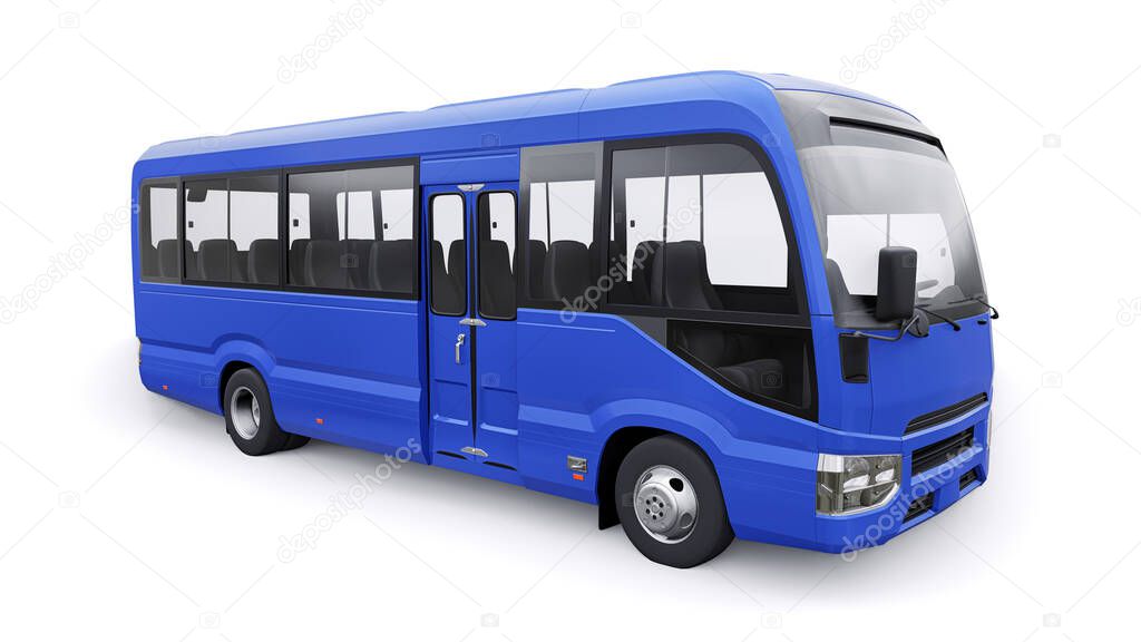 Blue Small bus for travel. Car with empty body for design and advertising. 3d illustration.