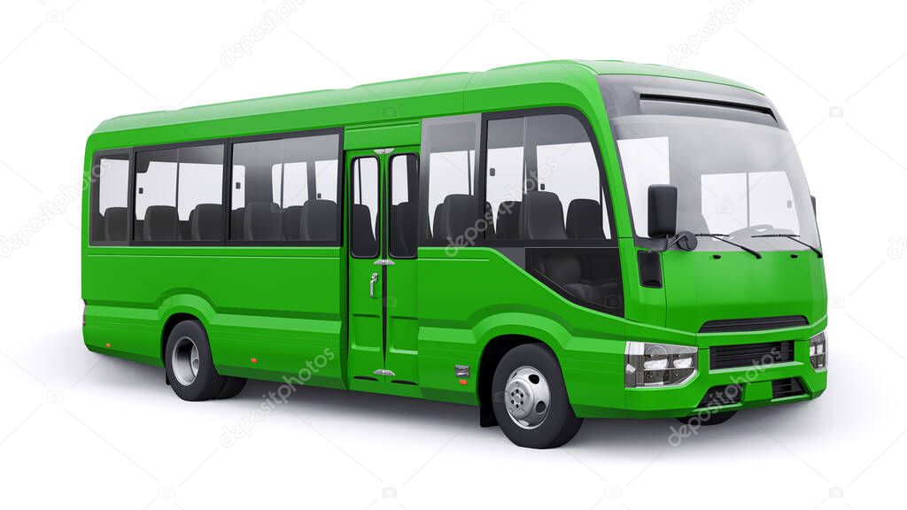 Small green bus for urban and suburban for travel. Car with empty body for design and advertising. 3d illustration.