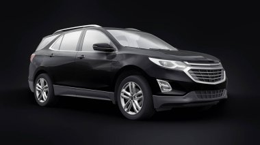 Siyah arka planda bir aile için orta büyüklükteki siyah bir SUV. 3d oluşturma