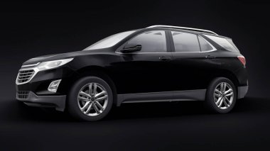 Siyah arka planda bir aile için orta büyüklükteki siyah bir SUV. 3d oluşturma
