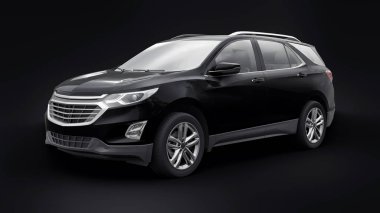 Siyah arka planda bir aile için orta büyüklükteki siyah bir SUV. 3d oluşturma