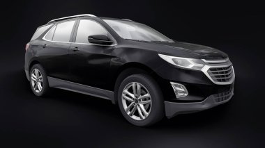 Siyah arka planda bir aile için orta büyüklükteki siyah bir SUV. 3d oluşturma