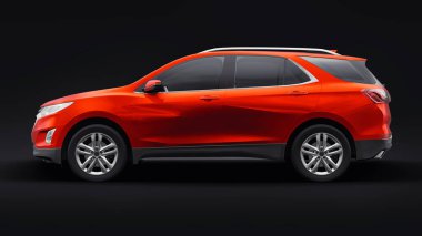 Siyah arka plandaki bir aile için orta büyüklükte kırmızı bir SUV. 3d oluşturma