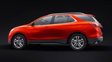 Siyah arka plandaki bir aile için orta büyüklükte kırmızı bir SUV. 3d oluşturma