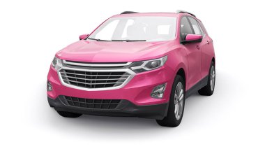 Beyaz arka plandaki bir aile için orta büyüklükte pembe bir SUV. 3d oluşturma