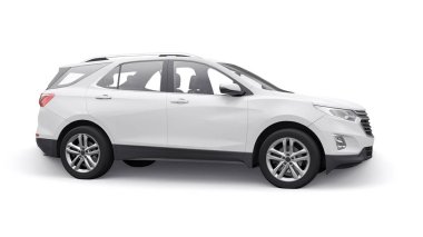 Beyaz arka planda bir aile için orta büyüklükte beyaz bir SUV. 3d oluşturma