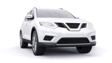 Beyaz arka planda beyaz, orta büyüklükteki aile arazi aracı. 3B illüstrasyon