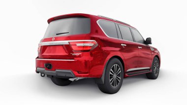 Tula, Rusya. 30 Ocak 2022: Nissan Devriyesi 2021 Kırmızı Premium Ailesi SUV beyaz arka planda izole edildi. 3d oluşturma.